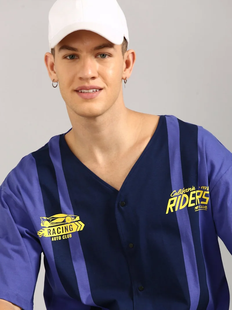 جوفن تيشيرت رجالي قطن خالص كبير الحجم بطبعة بنفسجي وكحلي